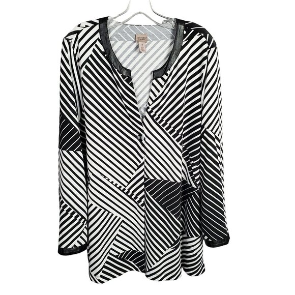Chicos Easywear 3 Sz XL Cardigan Light Knit Single Button V-neck Art Deco Stripe - Picture 2 of 12